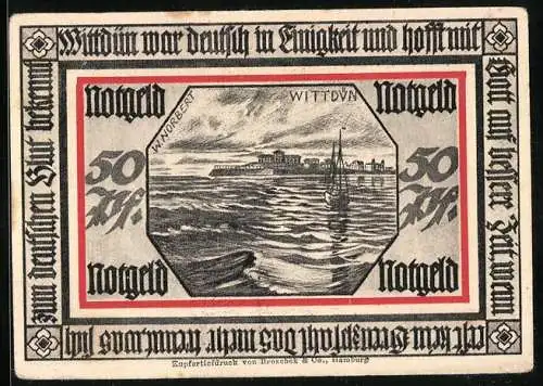 Notgeld Wittdün, 50 Pfennig, Segelschiff auf dem Wasser, Denkmal