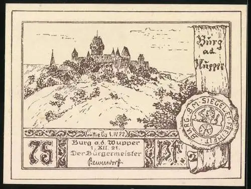 Notgeld Burg a. d. Wupper 1921, 75 Pfennig, Suitbertus verkündigt das Evangelium