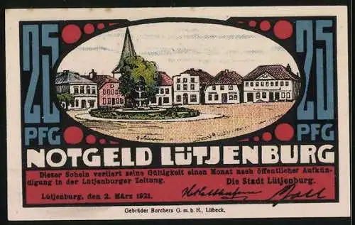 Notgeld Lütjenburg 1921, 25 Pfennig, Marktplatz, Burg