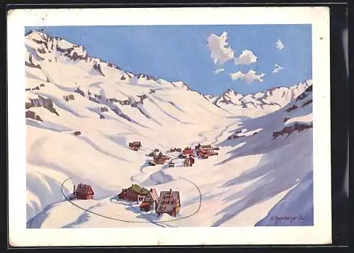 Künstler-AK Zürs am Arlberg, Teilansicht im Schnee
