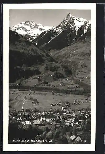 AK Schruns, Teilansicht mit Kirche gegen Mittagsspitze