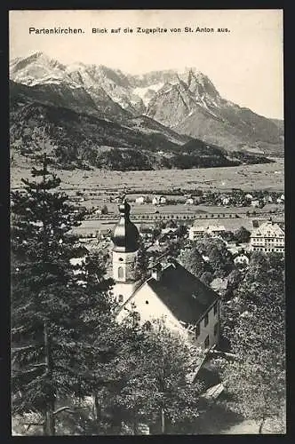 AK Partenkirchen, Blick auf die Zugspitze von St. Anton aus