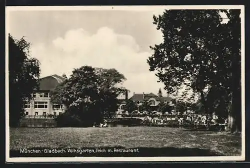 AK Mönchengladbach, Volksgarten mit Teich und Restaurant