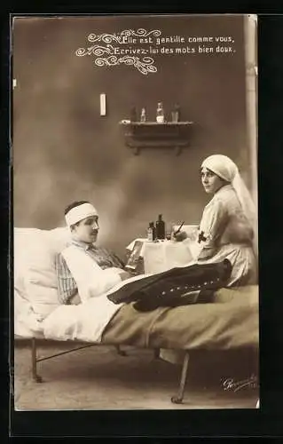 AK Soldat im Krankenbett vom Roten Kreuz