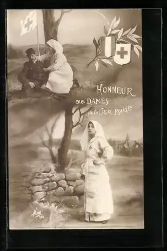 AK Krankenschwester hilft verwundetem Soldaten, Wappen, Rotes Kreuz