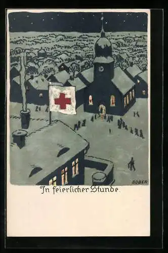 Künstler-AK Bober: In feierlicher Stunde, Fahne des Roten Kreuzes, Ortsansicht im Schnee