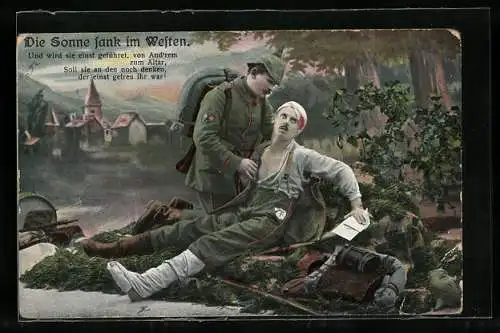 AK Die Sonne sank im Westen, Soldat leistet verwundetem Kamerad beistand, Rotes Kreuz