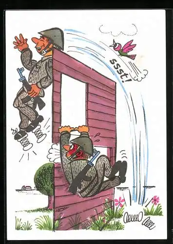 Künstler-AK Soldaten der NVA bei sportlichen Übungen, Karikatur