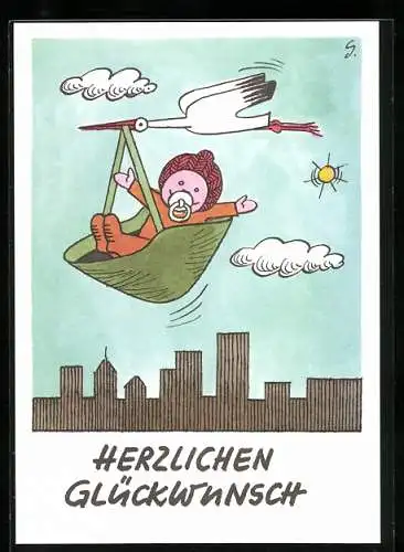 Künstler-AK Storch bringt ein neugeborenes Baby, NVA, Karte der Militärhandelsorganisation