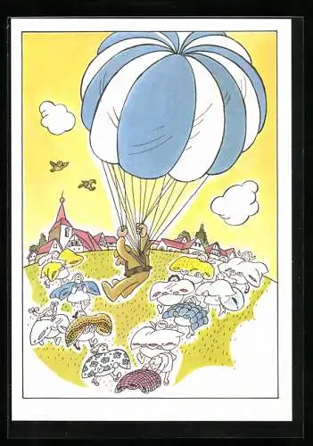 AK Fallschirmjäger der NVA über Frauen mit Kissen auf einer Wiese