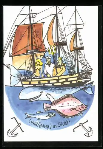 Künstler-AK Kapitän mit Meermenschen auf seinem Schiff, NVA, Karte der Militärhandelsorganisation