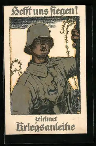 AK Helft uns Siegen zeichnet Kriegsanleihe, Soldat mit Gasmaske um den Hals und Stacheldraht