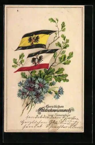 AK Fahnen des Zweibunds mit Kornblumen und Eichenlaub