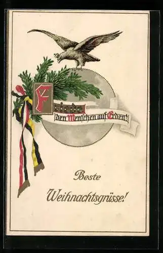 AK Adler und Tannenzweig mit Fahnenband, Weihnachtsgruss