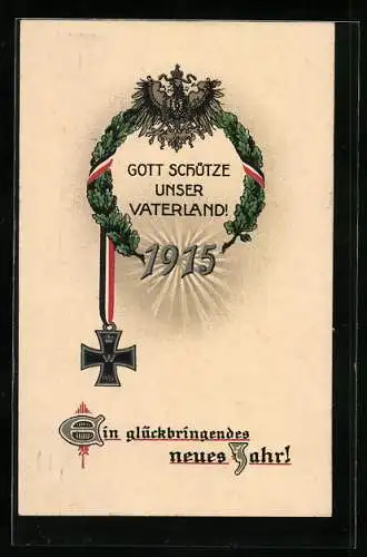 AK Deutscher Neujahrsgruss, Eisernes Kreuz mit Adler, Eichenkranz und Jahreszahl 1915