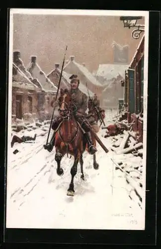 Künstler-AK Ungewitter: Kavallerie-Patrouille in verschneiter Ortschaft