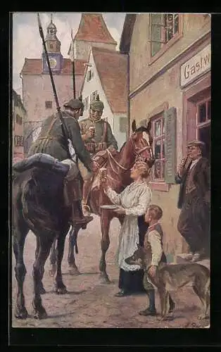 AK Kavalleristen mit Lanze und Bier