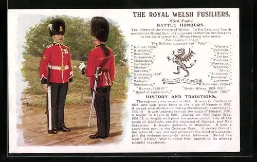 Künstler-AK The Royal Welsh Fusiliers, 23rd Foot., Battle Honours, Britische Soldaten in Uniformen mit Fellmützen