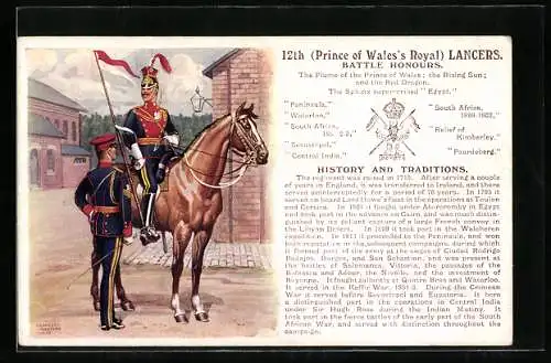 Künstler-AK 12th Prince of Wales`s Royal Lancers, britischer Soldat zu Pferd