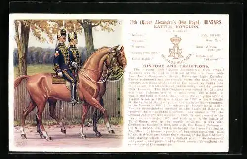 Künstler-AK 19th Queen Alexandra`s Own Royal Hussars, Soldaten in Husarenuniform