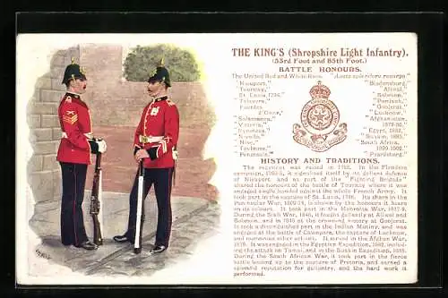 Künstler-AK The King`s Shropshire Light Infantry, 53rd Foot and 85th Foot., Battle Honours, Britische Uniformen