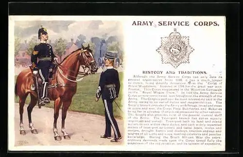 Künstler-AK Army Service Corps, Britische Soldaten in Uniformen mit Pferd, Regiment