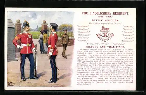 Künstler-AK The Lincolnshire Regiment, 10th Foot., Battle Honours, britische Soldaten in Uniform