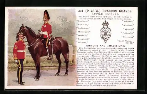 AK 3rd P. of W. Dragoon Guards, Battle Honours, Britische Soldaten in Uniformen mit Pferd