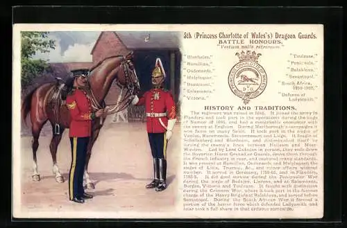 Künstler-AK 5th Princess Charlotte of Wales`s Dragoon Guards, Battle Honours, Britische Soldaten in Uniformen