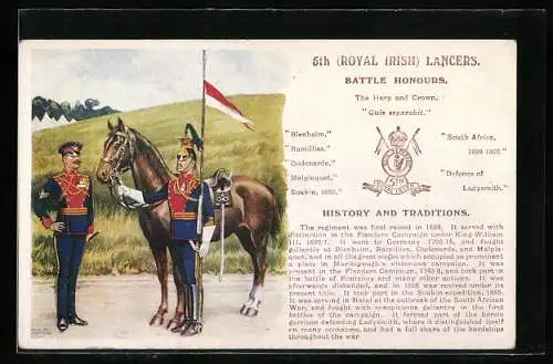 Künstler-AK 5th Royal Irish Lancers, Soldat in Uniform nebst Pferd