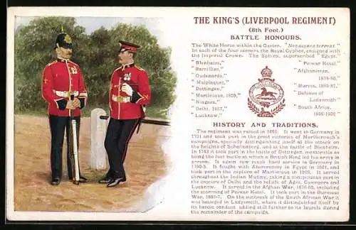 Künstler-AK The King`s Liverpool Regiment, 8th Foot., Battle Honours, Britische Soldaten in Uniformen