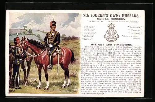 Künstler-AK 7th Queen`s own Hussars, Husaren in Uniform zu Pferd