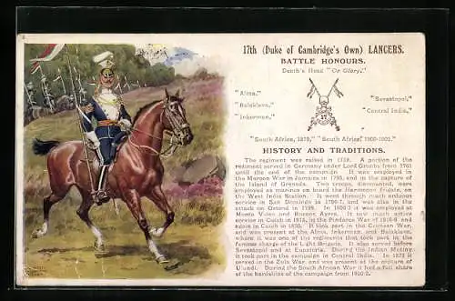 Künstler-AK 17th Duke of Cambridge`s Own Lancers, Soldat zu Pferd bei einer Parade