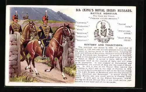 Künstler-AK 8th King`s Royal Irish Hussars, Battle Honours, Britische Soldaten in Uniformen zu Pferde