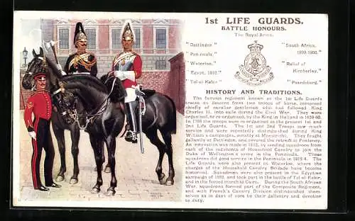 Künstler-AK 1st Life Guards, Britische Soldaten auf schwarzen Rössern