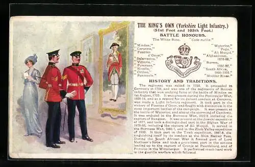 Künstler-AK The King`s Own, Yorkshire Light Infantry, Soldaten in Uniform betrachten ein Gemälde