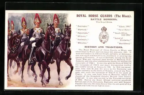 Künstler-AK Royal Horse Guards, The Blues, Soldaten in Uniform marschieren zu Pferd