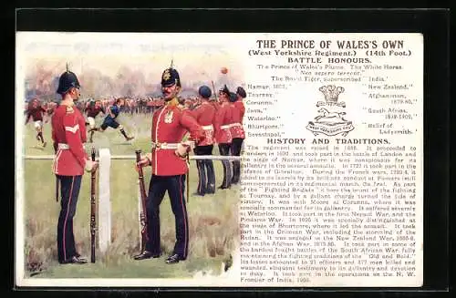 Künstler-AK The Prince of Wales`s Own West Yorkshire Regiment, 14th Foot., Battle Honours, britische Soldaten in Uniform