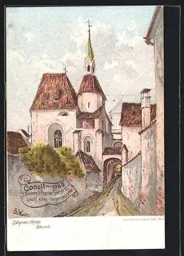 Lithographie Brixen, Blick auf die Johannes-Kirche