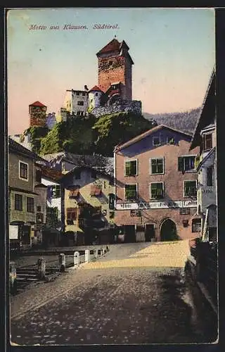 AK Klausen, Ortspartie mit Geschäftshaus und Ruine Branzoll