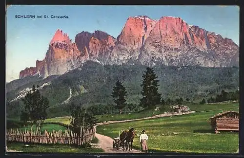 AK Schlern, Blick zum Berg, Pferdewagen