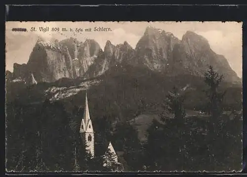 AK St. Vigil b. Seis, Kirche mit Schlern im Hintergrund