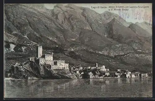 AK Malcesine, Castello Scaligere am Gardasee mit Monte Baldo im Hintergrund