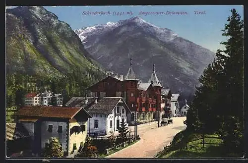 AK Schluderbach, Strassenpartie und Kutsche in Richtung Ampezzaner-Dolomiten
