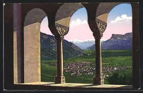AK Merano, Castel Tirolo, veduta di Merano dalla Sala imperiale