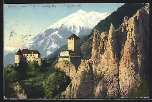 AK Meran, K. K. Stammburg Tirol mit Erdpyramiden