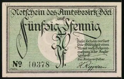 Notgeld Böel, 50 Pfennig, Unterschrift vom Amtsvorsteher