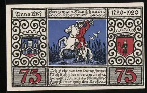Notgeld Bodenwerder 1920, 75 Pfennig, Hieronymus v. Münchhausen, Stadtwappen