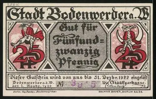 Notgeld Bodenwerder 1920, 25 Pfennig, Hieronymus v. Münchhausen zu Pferd, Stadtwappen