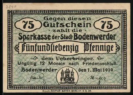 Notgeld Bodenwerder 1919, 75 Pfennig, Stadtwappen, Unterschrift